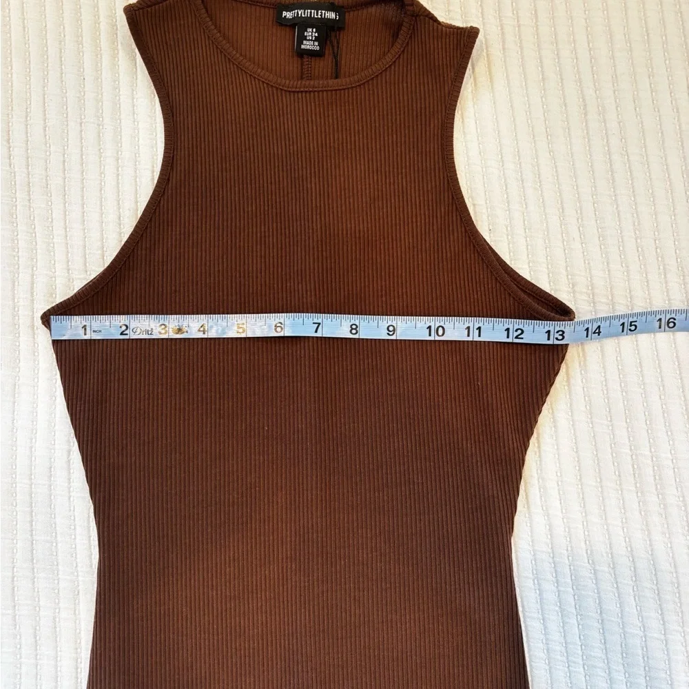 PrettyLittleThing Chocolate Brown Ribbed Racer Back Midi Dress NWT Size US 2 - Picture 9 of 11